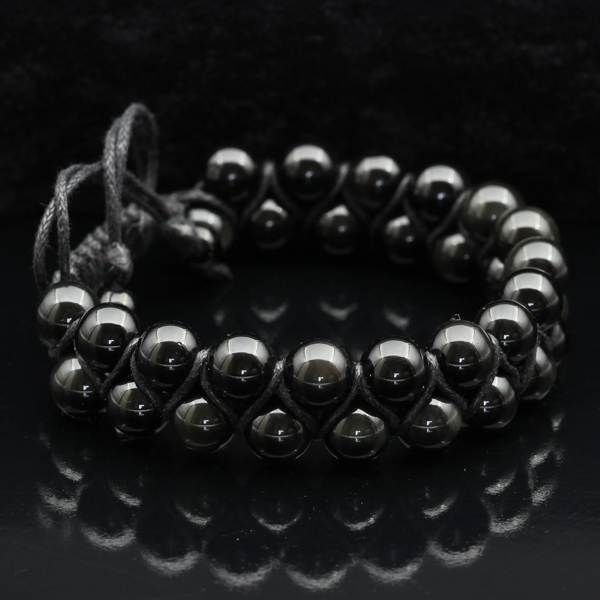 Natural Obsidian Beaded Double Row Macrame Bracelet - ElisaJewelryArt