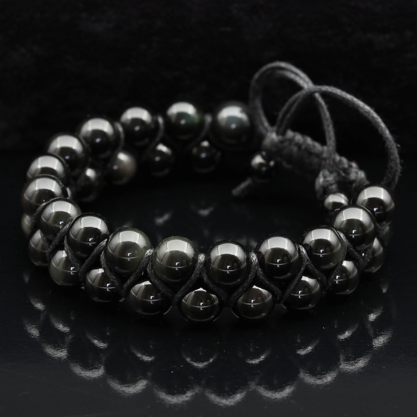 Natural Obsidian Beaded Double Row Macrame Bracelet - ElisaJewelryArt