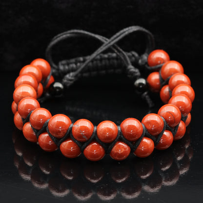 Natural Red Jasper Beaded Double Row Macrame Bracelet - ElisaJewelryArt