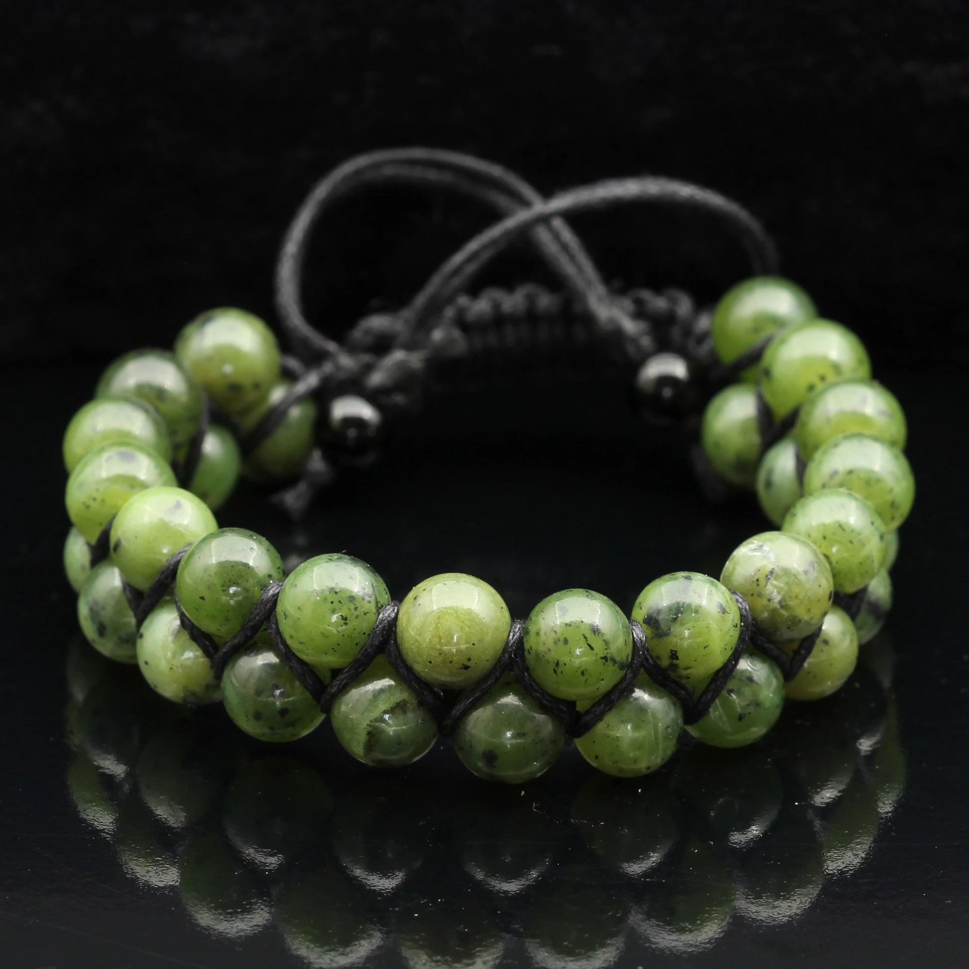 Natural Canadian Green Jade Beaded Double Row Macrame Bracelet - ElisaJewelryArt