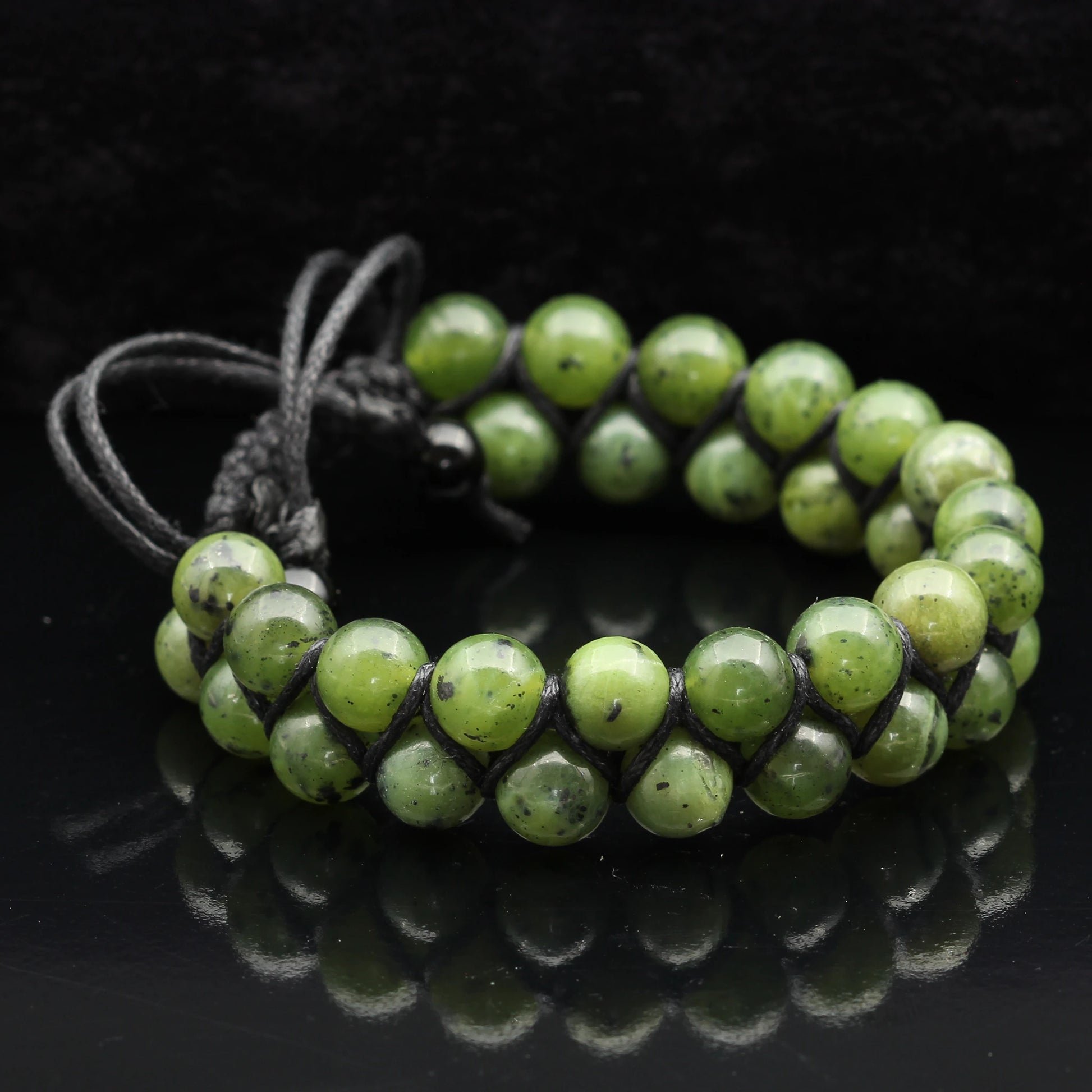 Natural Canadian Green Jade Beaded Double Row Macrame Bracelet - ElisaJewelryArt