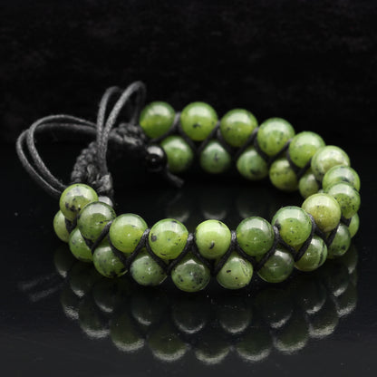 Natural Canadian Green Jade Beaded Double Row Macrame Bracelet - ElisaJewelryArt