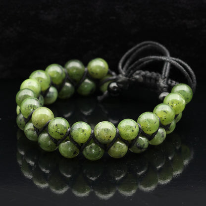 Natural Canadian Green Jade Beaded Double Row Macrame Bracelet - ElisaJewelryArt