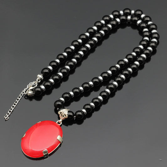 Natural Carnelian Silver Pendant, Natural Black Onyx Beaded Clasp Necklace - ElisaJewelryArt