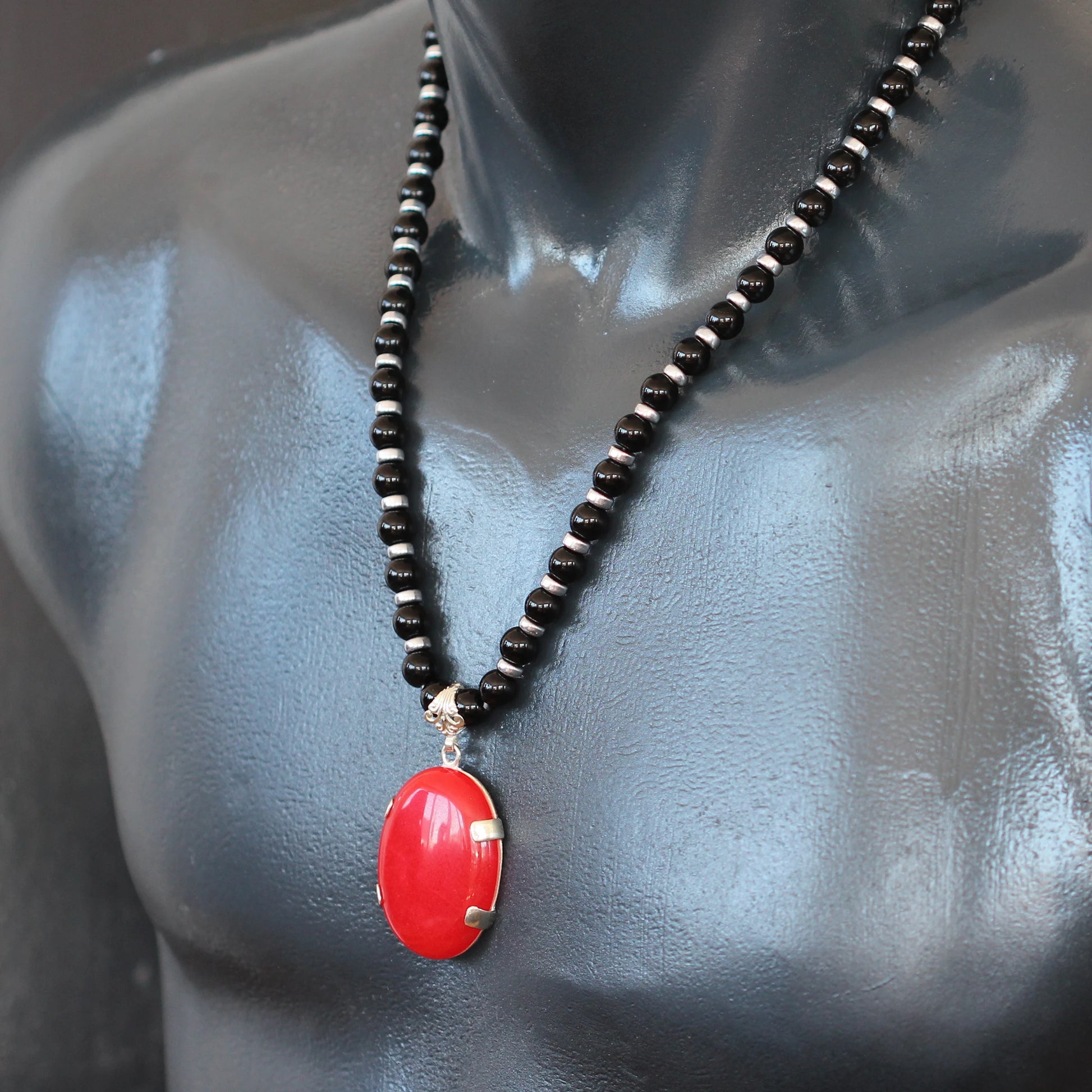 Natural Carnelian Silver Pendant, Natural Black Onyx Beaded Clasp Necklace - ElisaJewelryArt