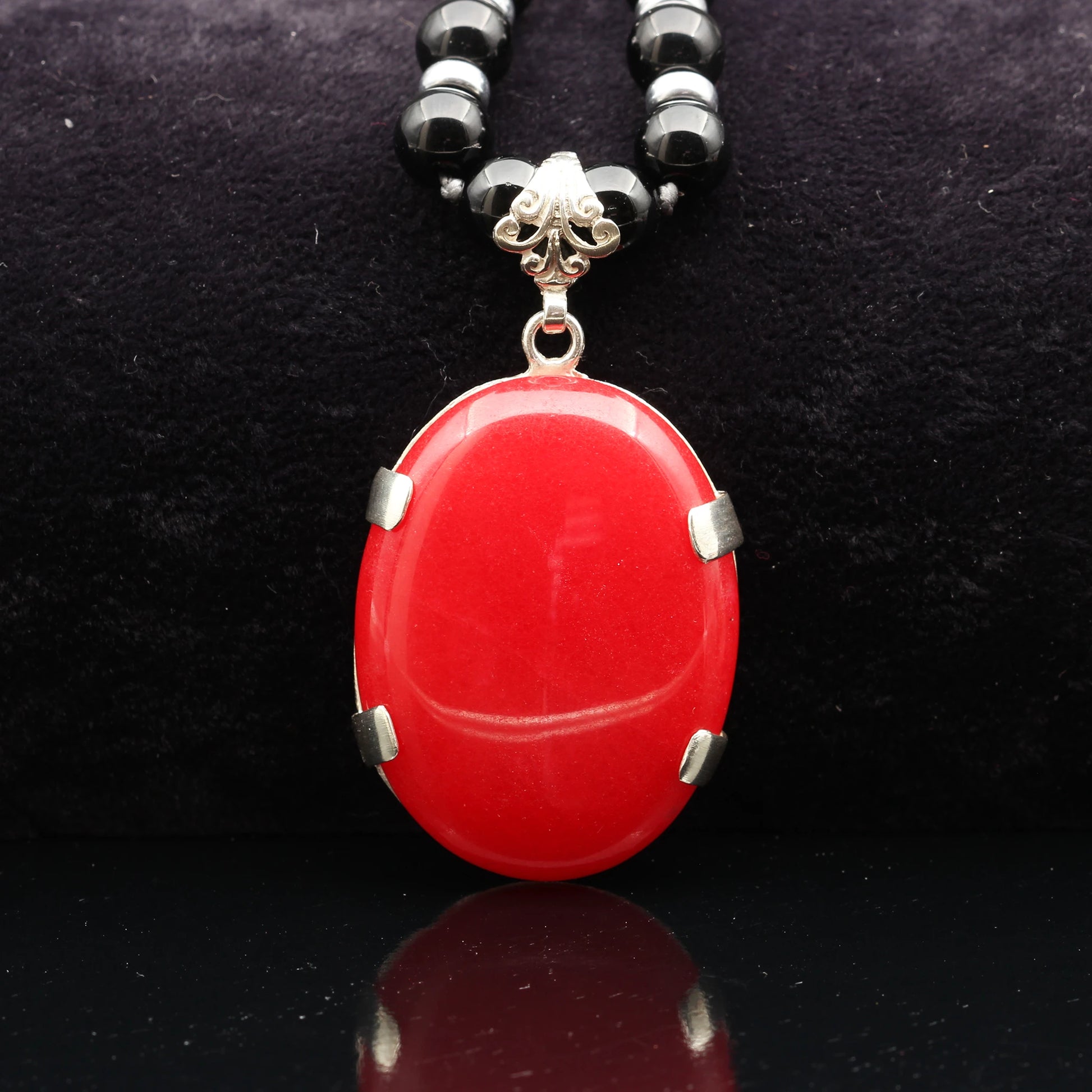 Natural Carnelian Silver Pendant, Natural Black Onyx Beaded Clasp Necklace - ElisaJewelryArt