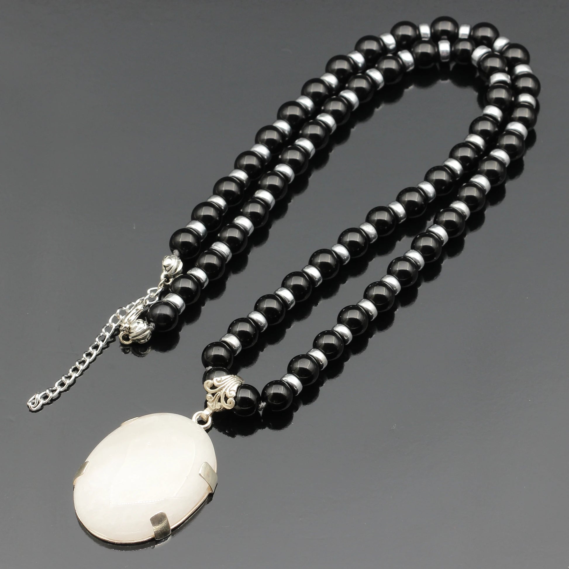 Natural Quartz Silver Pendant, Natural Black Onyx Beaded Clasp Necklace - ElisaJewelryArt