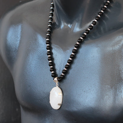 Natural Quartz Silver Pendant, Natural Black Onyx Beaded Clasp Necklace - ElisaJewelryArt