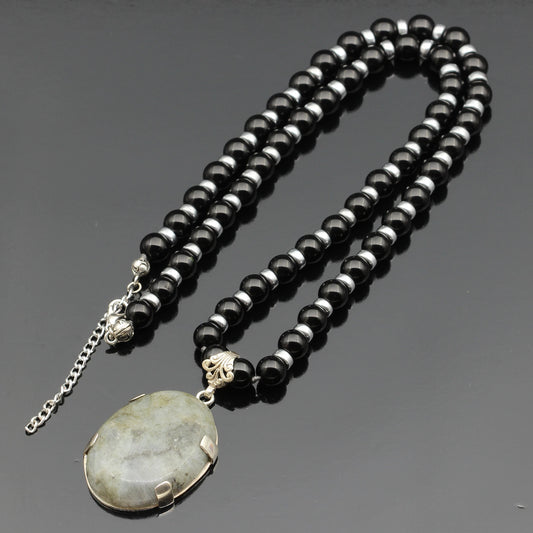 Natural Labradorite Silver Pendant, Natural Black Onyx Beaded Clasp Necklace - ElisaJewelryArt