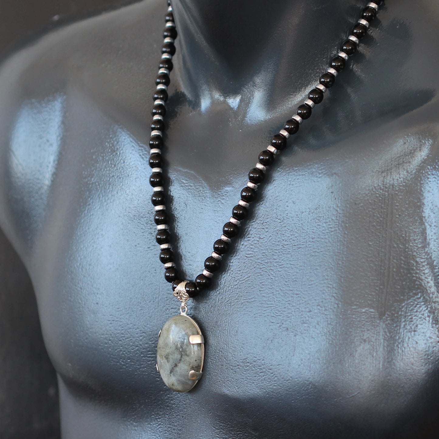 Natural Labradorite Silver Pendant, Natural Black Onyx Beaded Clasp Necklace - ElisaJewelryArt