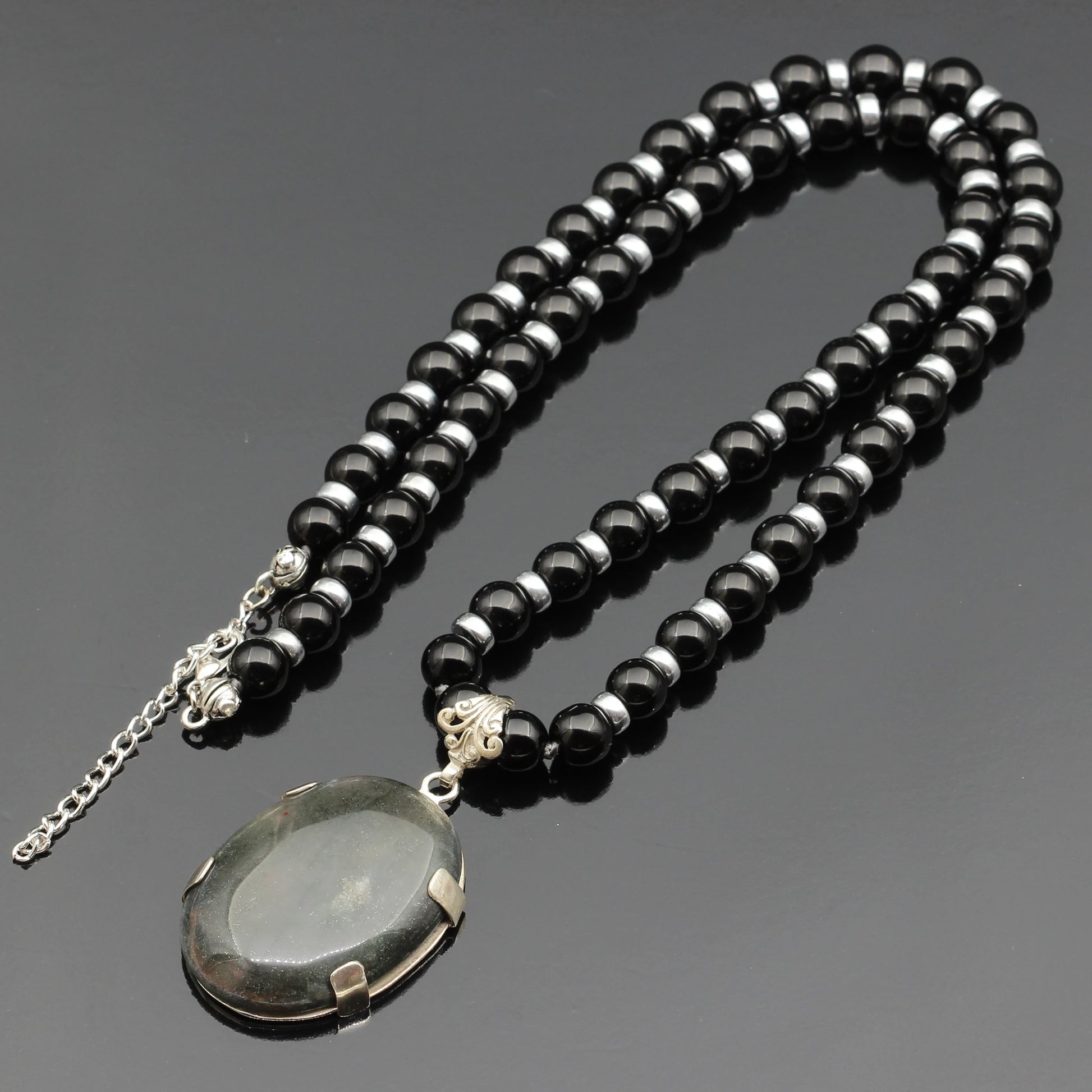 Natural Bloodstone Silver Pendant, Natural Black Onyx Beaded Clasp Necklace - ElisaJewelryArt