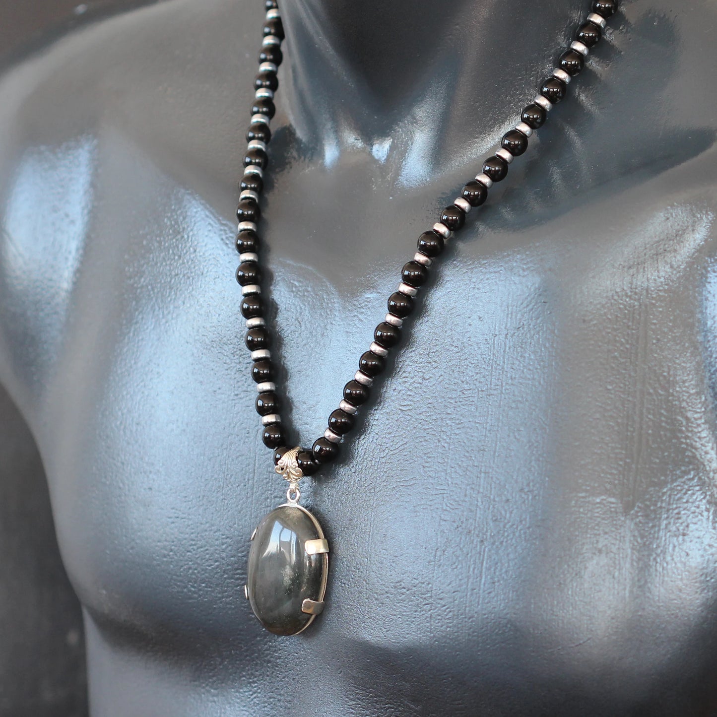 Natural Bloodstone Silver Pendant, Natural Black Onyx Beaded Clasp Necklace - ElisaJewelryArt