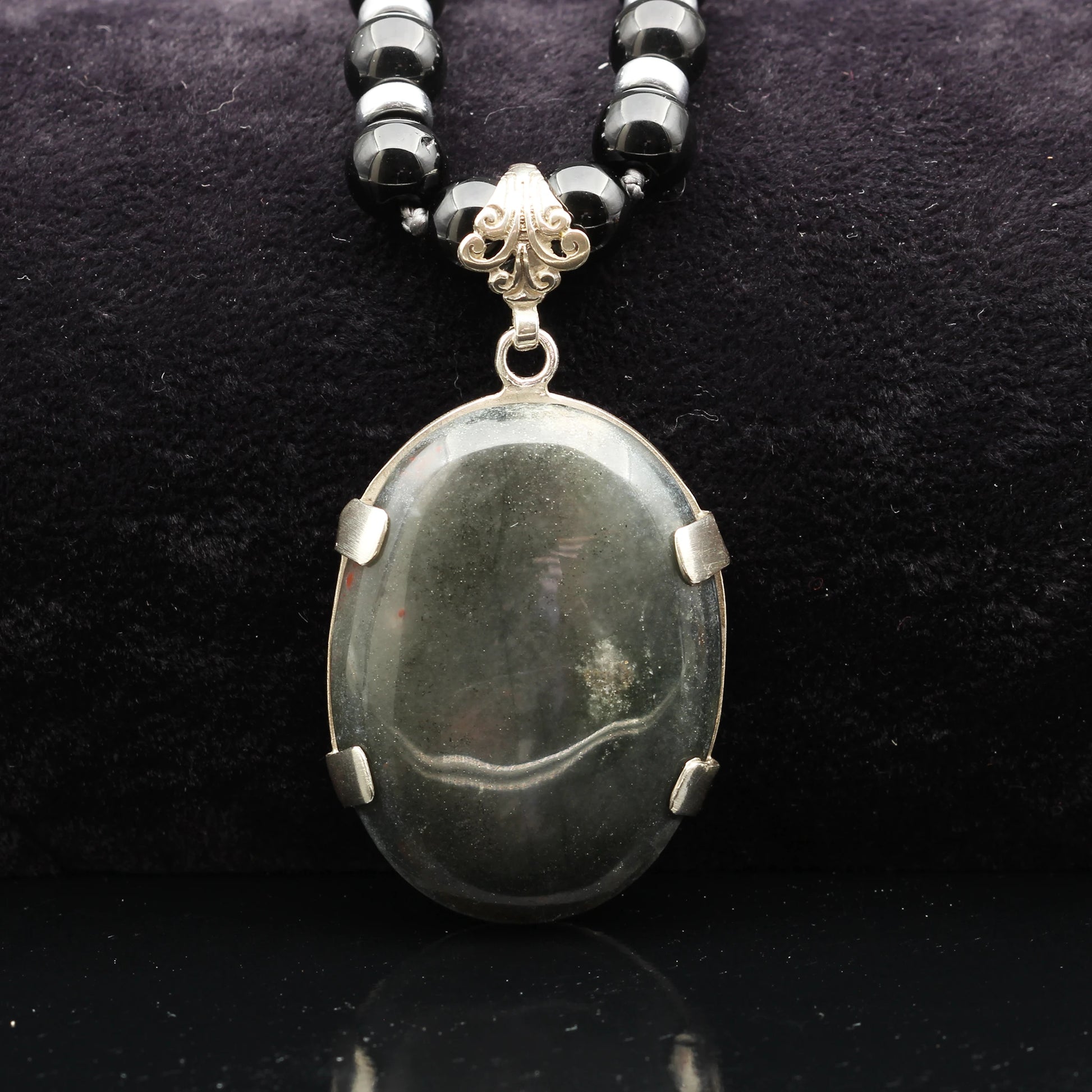 Natural Bloodstone Silver Pendant, Natural Black Onyx Beaded Clasp Necklace - ElisaJewelryArt