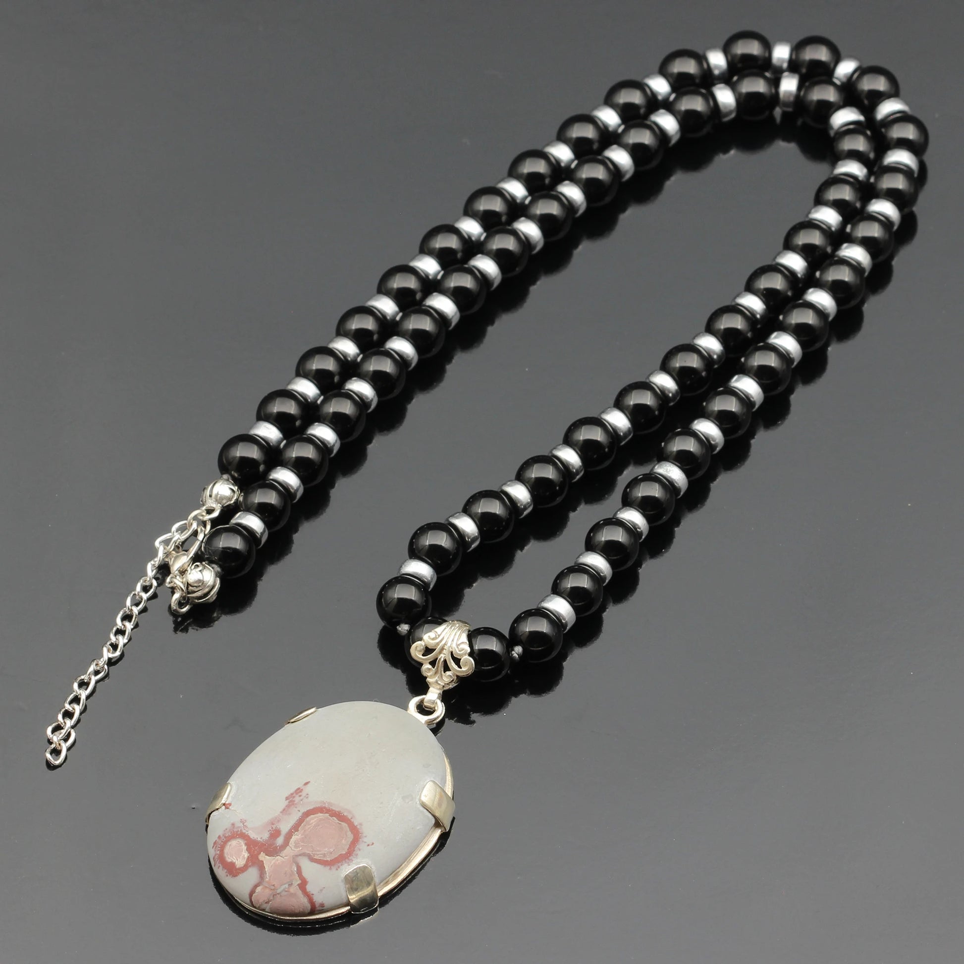 Natural Dendritic Jasper Silver Pendant, Natural Black Onyx Beaded Clasp Necklace - ElisaJewelryArt