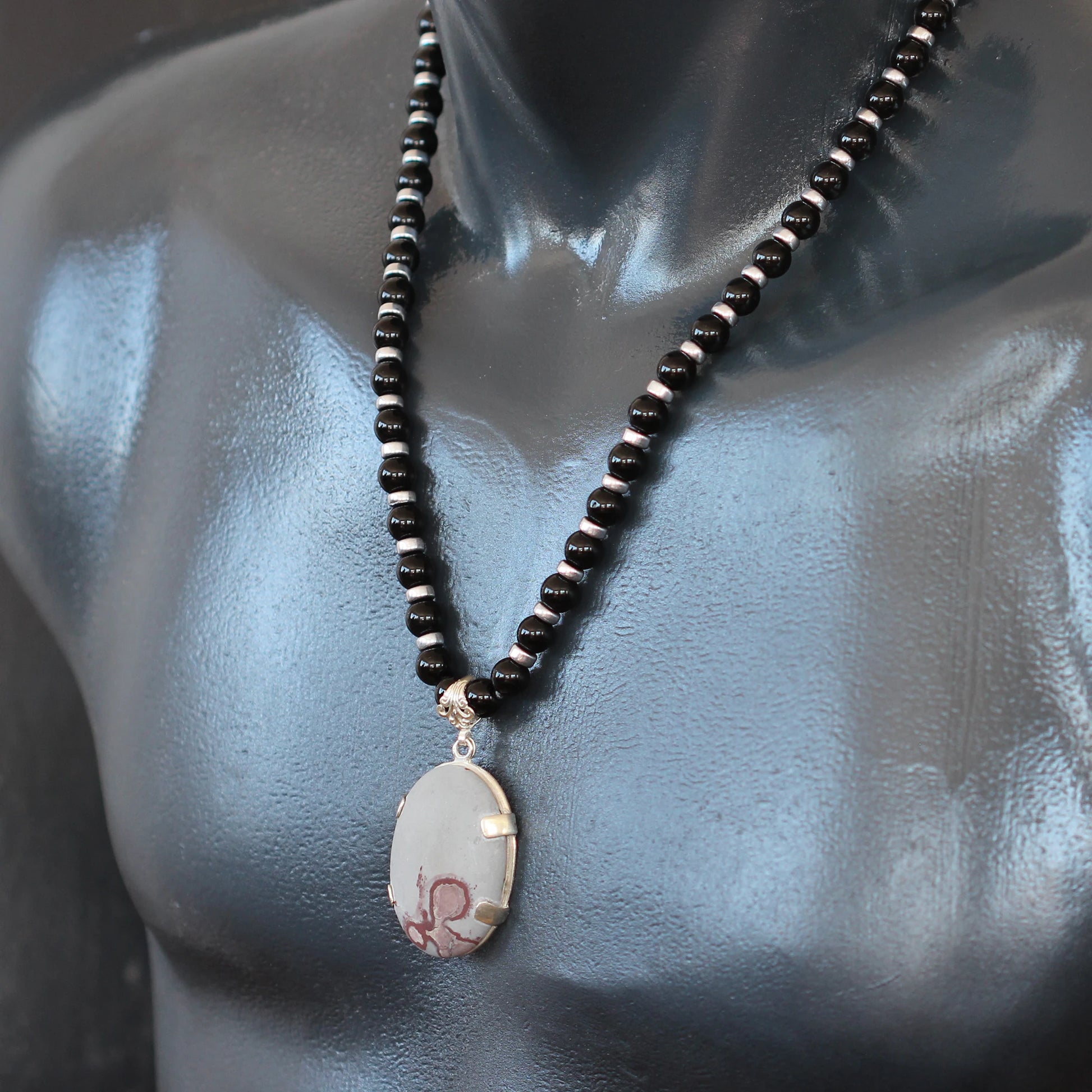 Natural Dendritic Jasper Silver Pendant, Natural Black Onyx Beaded Clasp Necklace - ElisaJewelryArt