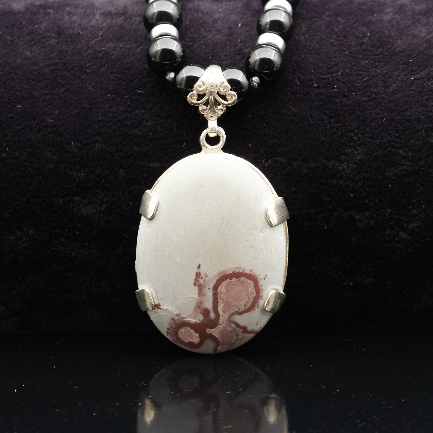 Natural Dendritic Jasper Silver Pendant, Natural Black Onyx Beaded Clasp Necklace - ElisaJewelryArt