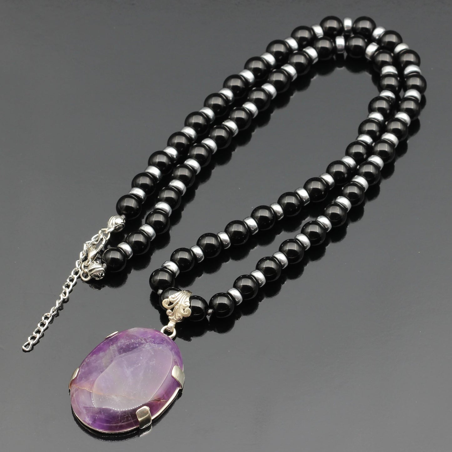 Natural Amethyst Silver Pendant, Natural Black Onyx Beaded Clasp Necklace - ElisaJewelryArt