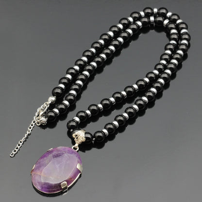 Natural Amethyst Silver Pendant, Natural Black Onyx Beaded Clasp Necklace - ElisaJewelryArt