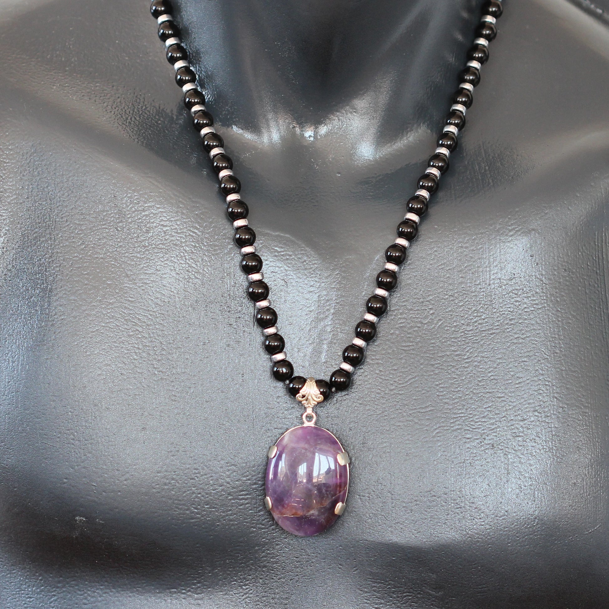 Natural Amethyst Silver Pendant, Natural Black Onyx Beaded Clasp Necklace - ElisaJewelryArt