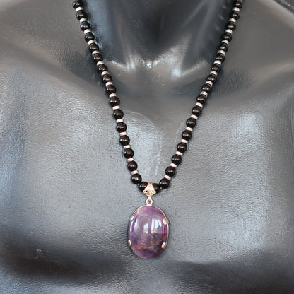 Natural Amethyst Silver Pendant, Natural Black Onyx Beaded Clasp Necklace - ElisaJewelryArt