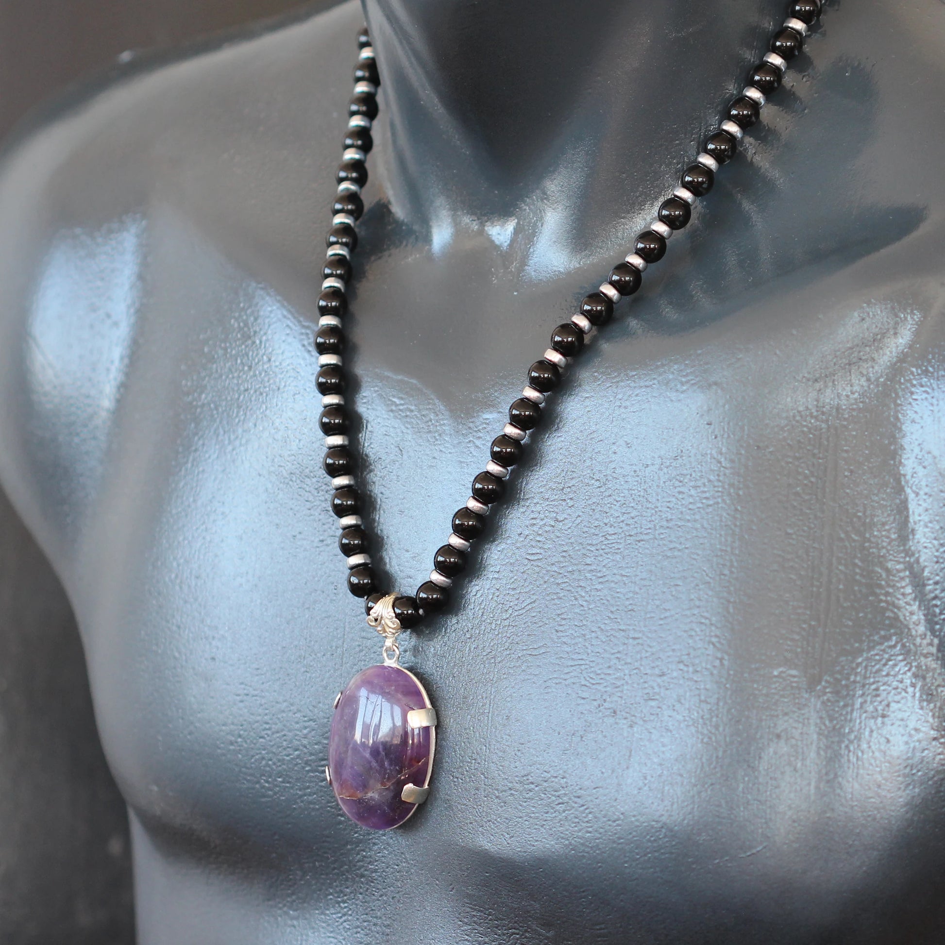 Natural Amethyst Silver Pendant, Natural Black Onyx Beaded Clasp Necklace - ElisaJewelryArt