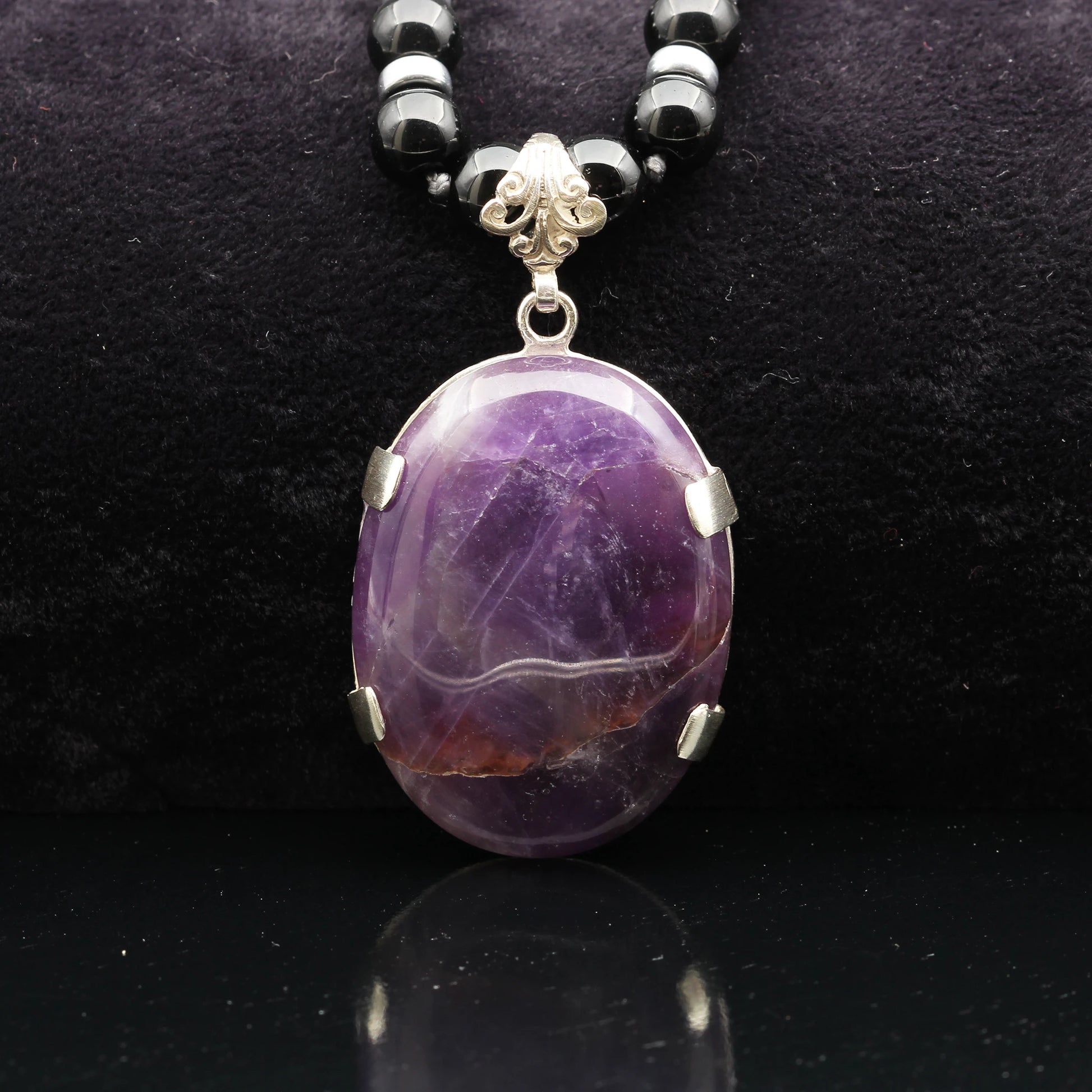 Natural Amethyst Silver Pendant, Natural Black Onyx Beaded Clasp Necklace - ElisaJewelryArt