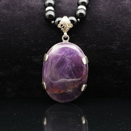 Natural Amethyst Silver Pendant, Natural Black Onyx Beaded Clasp Necklace - ElisaJewelryArt