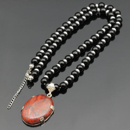 Natural Brecciated Jasper Silver Pendant, Natural Black Onyx Beaded Clasp Necklace - ElisaJewelryArt