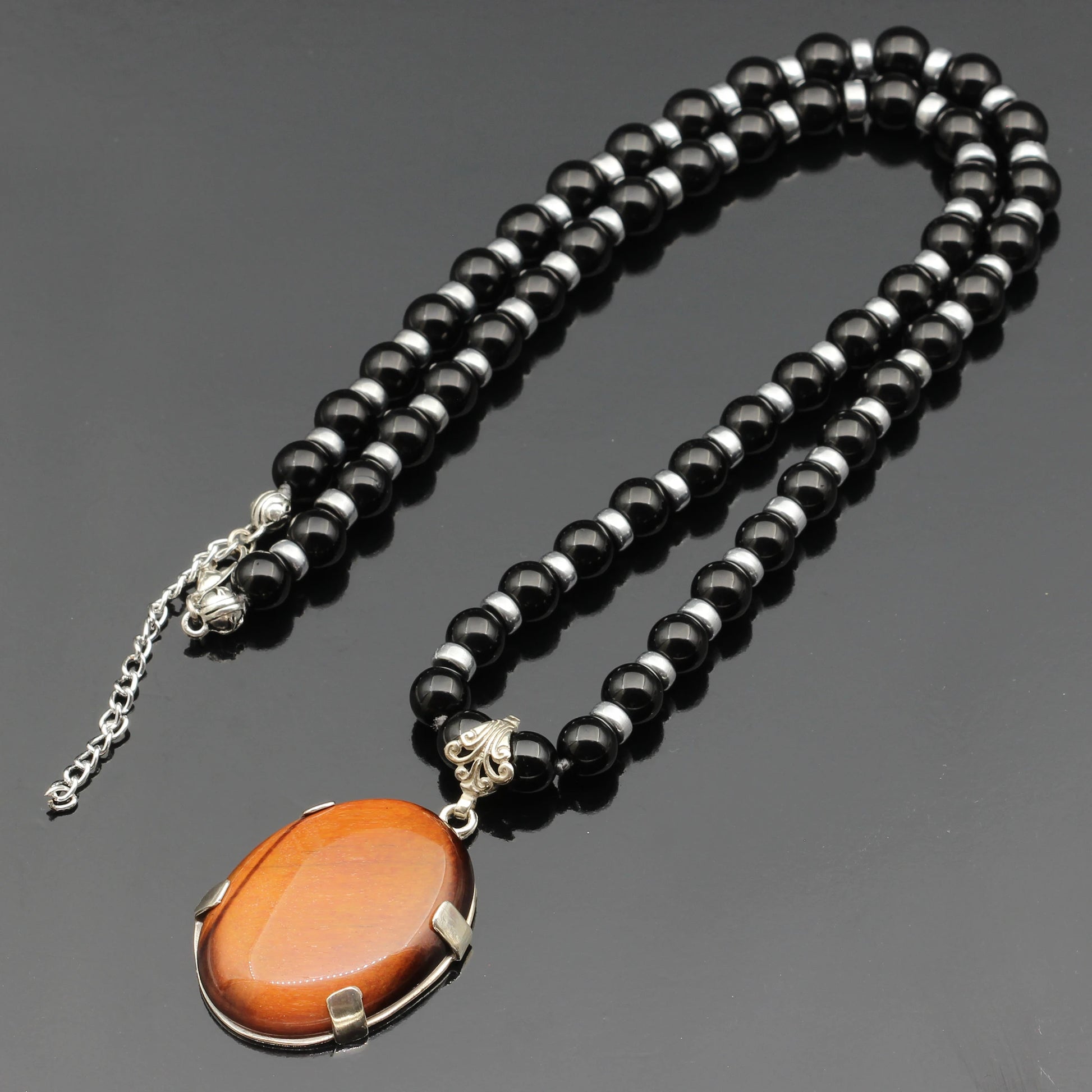 Natural Red Tiger Eye Silver Pendant, Natural Black Onyx Beaded Clasp Necklace - ElisaJewelryArt