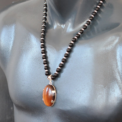 Natural Red Tiger Eye Silver Pendant, Natural Black Onyx Beaded Clasp Necklace - ElisaJewelryArt