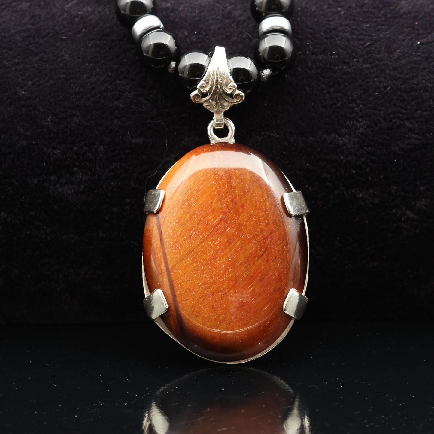 Natural Red Tiger Eye Silver Pendant, Natural Black Onyx Beaded Clasp Necklace - ElisaJewelryArt