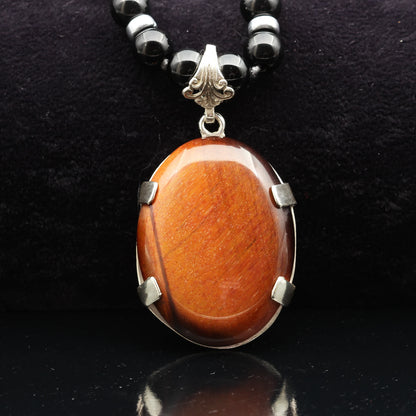 Natural Red Tiger Eye Silver Pendant, Natural Black Onyx Beaded Clasp Necklace - ElisaJewelryArt