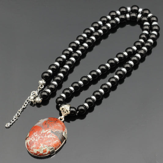 Natural Brecciated Jasper Silver Pendant, Natural Black Onyx Beaded Clasp Necklace - ElisaJewelryArt