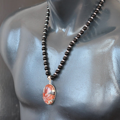 Natural Brecciated Jasper Silver Pendant, Natural Black Onyx Beaded Clasp Necklace - ElisaJewelryArt