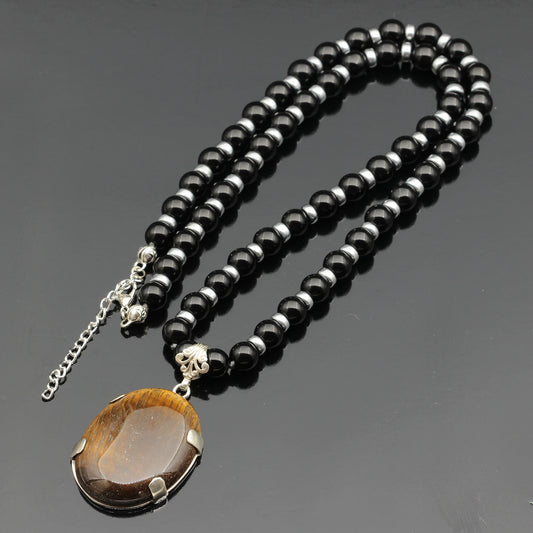 Natural Tiger Eye Silver Pendant, Natural Black Onyx Beaded Clasp Necklace - ElisaJewelryArt