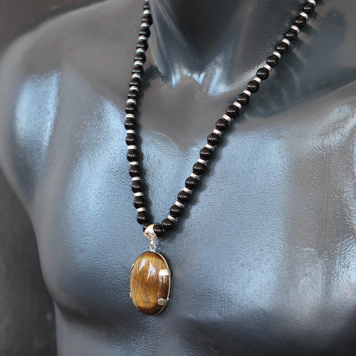 Natural Tiger Eye Silver Pendant, Natural Black Onyx Beaded Clasp Necklace - ElisaJewelryArt