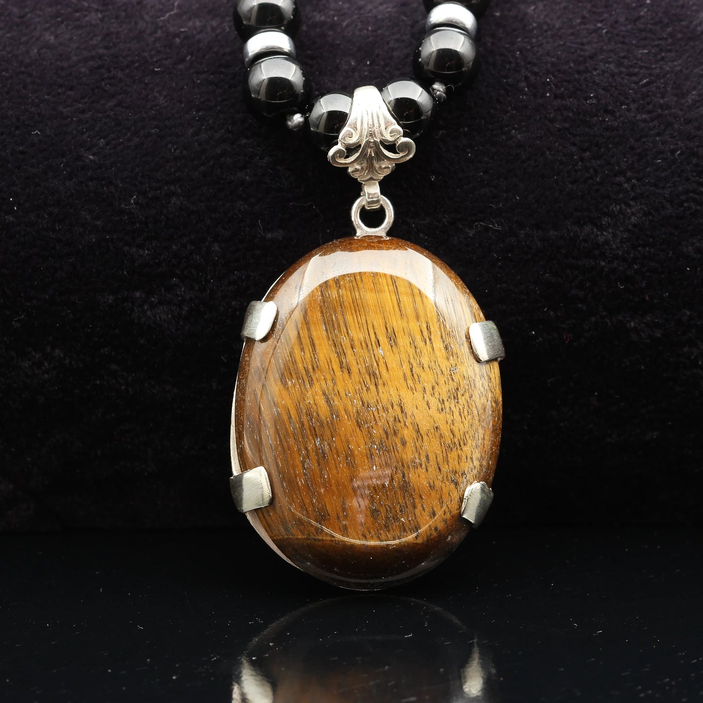 Natural Tiger Eye Silver Pendant, Natural Black Onyx Beaded Clasp Necklace - ElisaJewelryArt