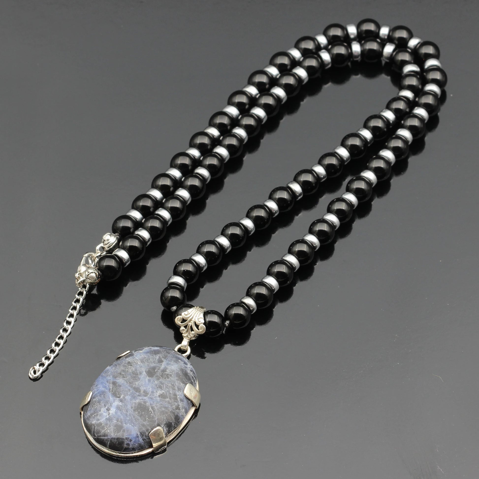 Natural Sodalite Silver Pendant, Natural Black Onyx Beaded Clasp Necklace - ElisaJewelryArt