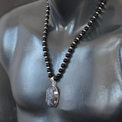 Natural Sodalite Silver Pendant, Natural Black Onyx Beaded Clasp Necklace - ElisaJewelryArt