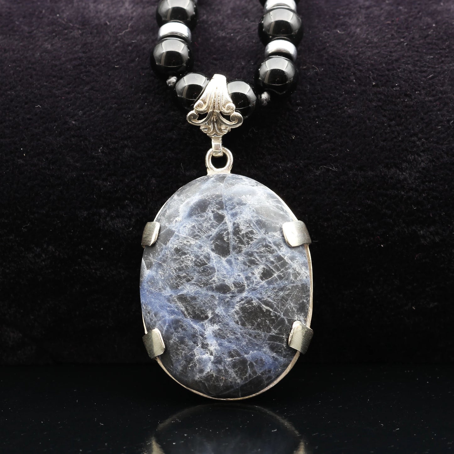 Natural Sodalite Silver Pendant, Natural Black Onyx Beaded Clasp Necklace - ElisaJewelryArt