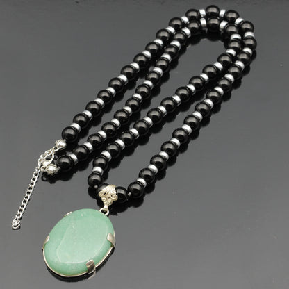 Natural Green Aventurine Silver Pendant, Natural Black Onyx Beaded Clasp Necklace - ElisaJewelryArt