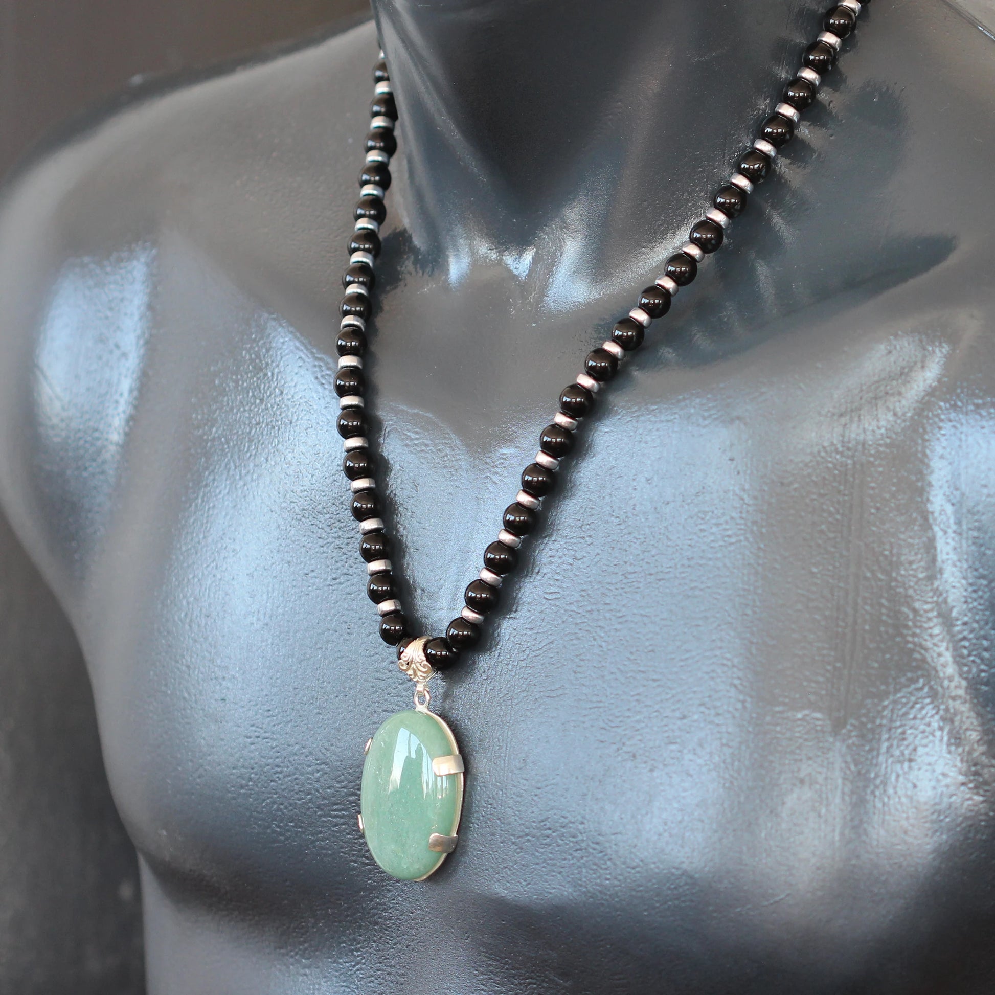 Natural Green Aventurine Silver Pendant, Natural Black Onyx Beaded Clasp Necklace - ElisaJewelryArt