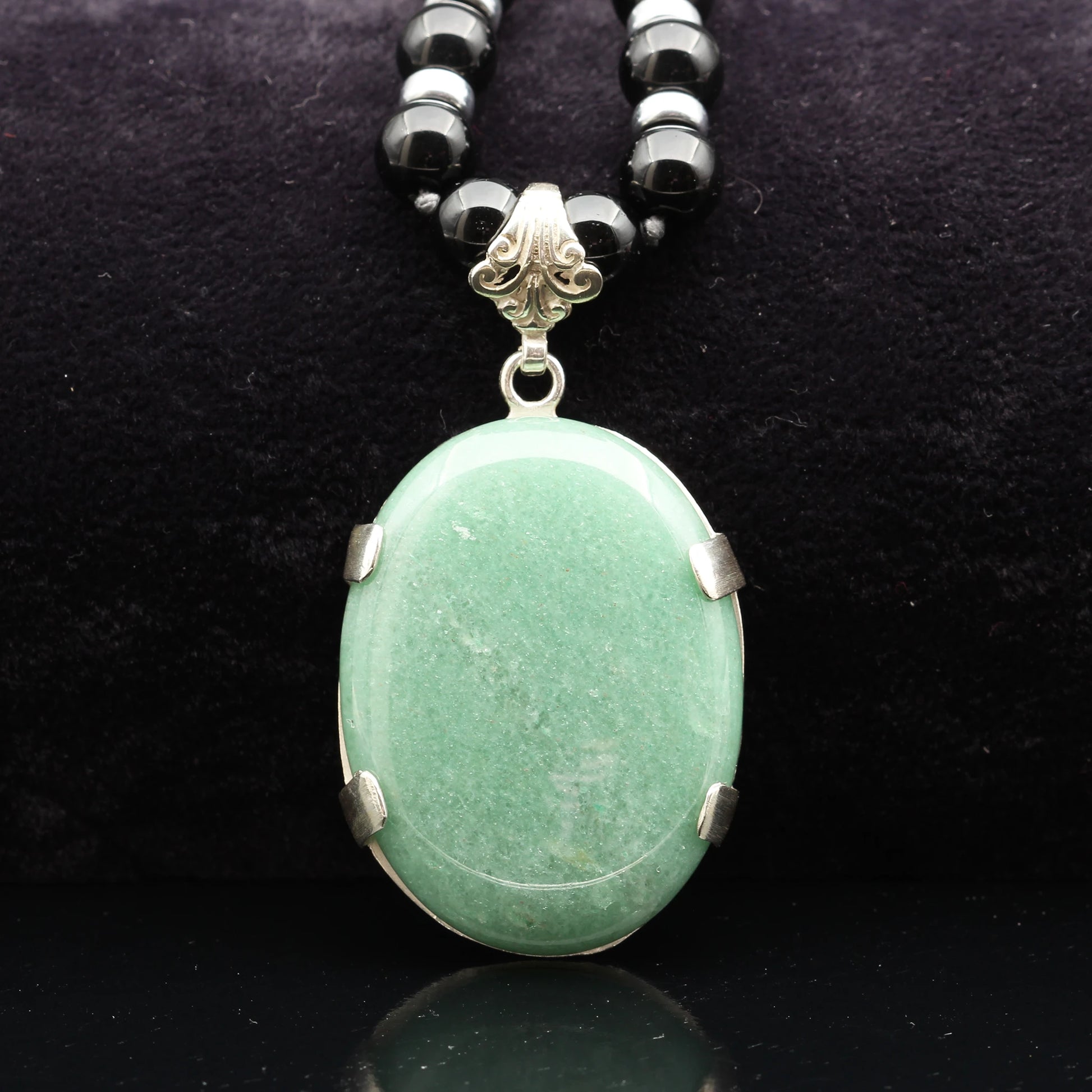 Natural Green Aventurine Silver Pendant, Natural Black Onyx Beaded Clasp Necklace - ElisaJewelryArt