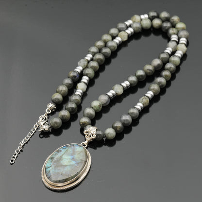 Natural Labradorite Silver Pendant, Natural Black Onyx Beaded Clasp Necklace - ElisaJewelryArt