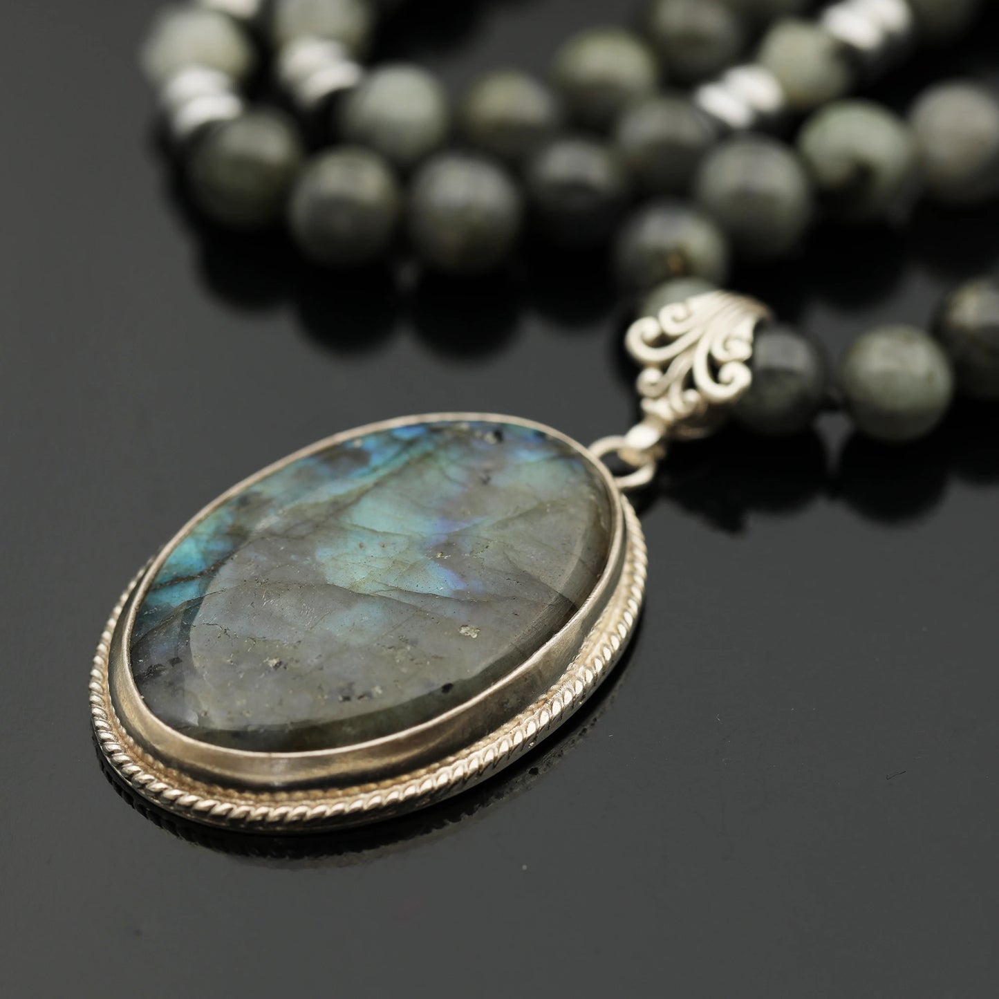 Natural Labradorite Silver Pendant, Natural Black Onyx Beaded Clasp Necklace - ElisaJewelryArt