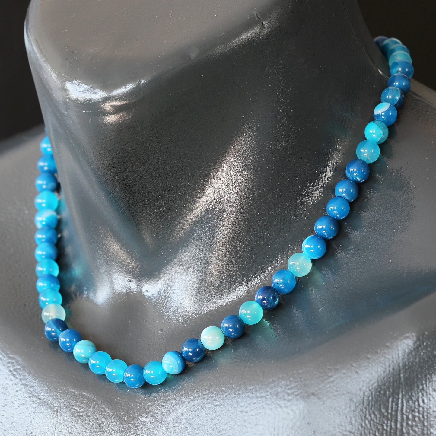 Natural Blue Agate Beaded Clasp Choker Necklace - ElisaJewelryArt