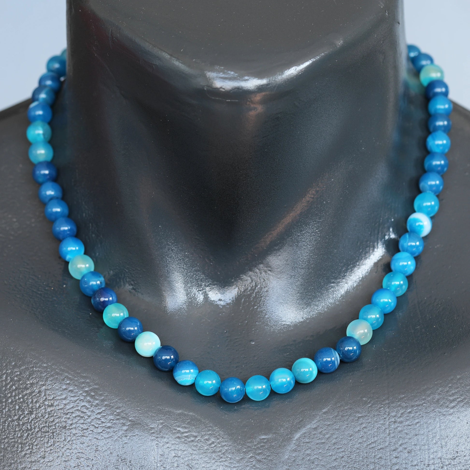 Natural Blue Agate Beaded Clasp Choker Necklace - ElisaJewelryArt