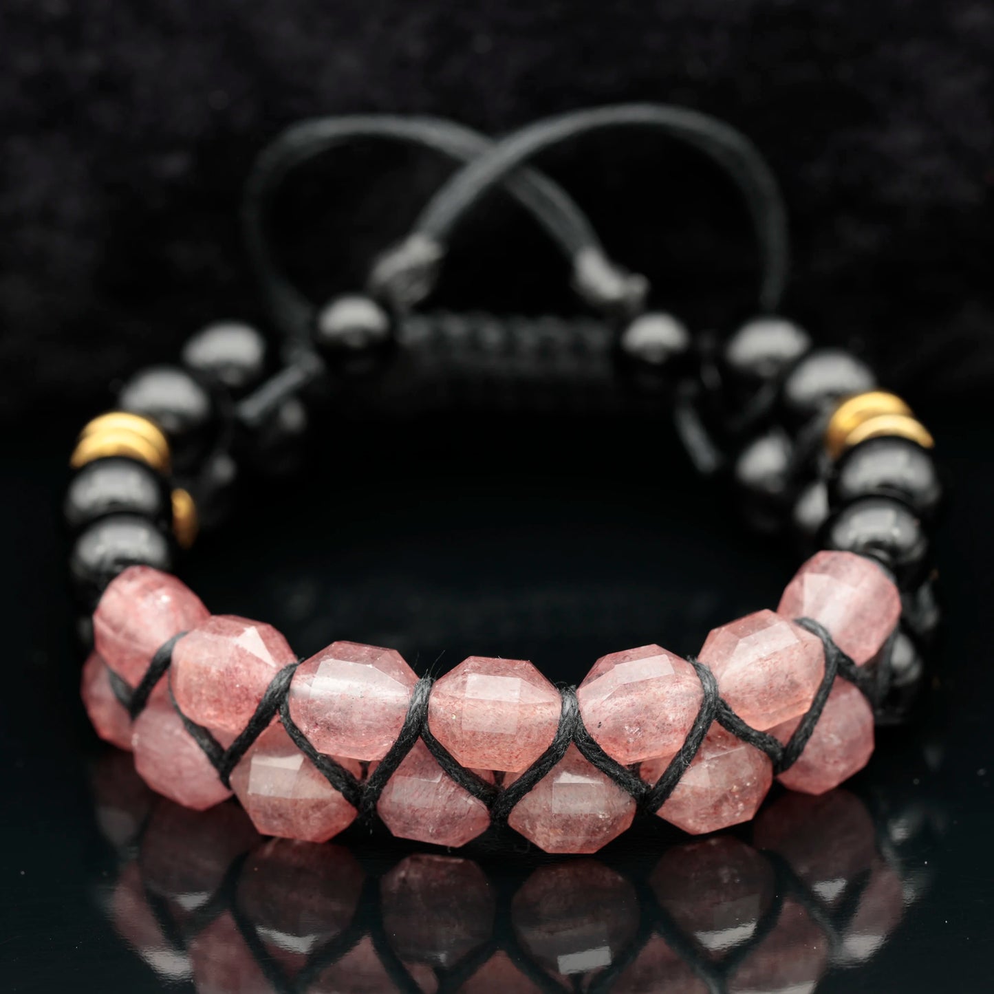 Natural Cherry Quartz & Black Onyx Beaded Double Row Macrame Bracelet - ElisaJewelryArt