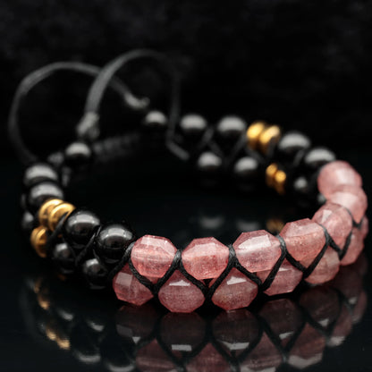 Natural Cherry Quartz & Black Onyx Beaded Double Row Macrame Bracelet - ElisaJewelryArt