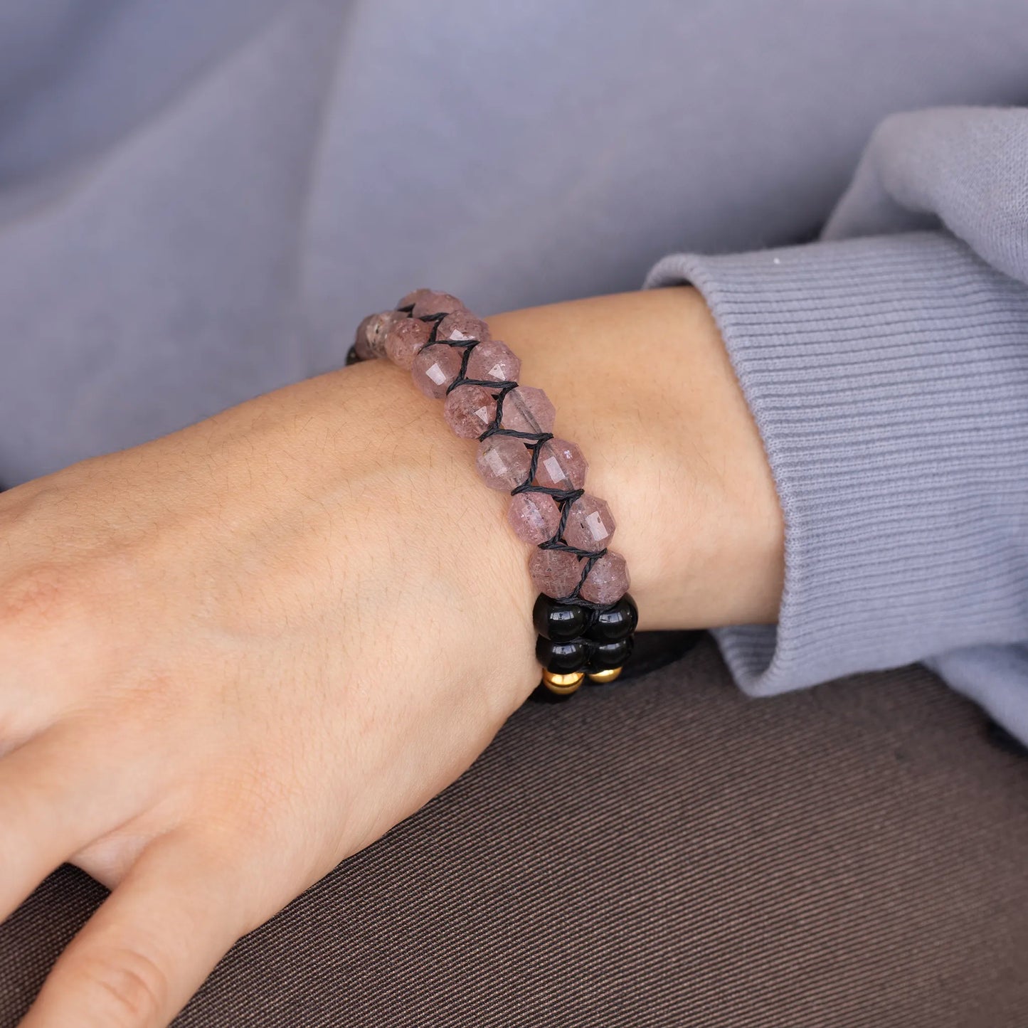 Natural Cherry Quartz & Black Onyx Beaded Double Row Macrame Bracelet - ElisaJewelryArt